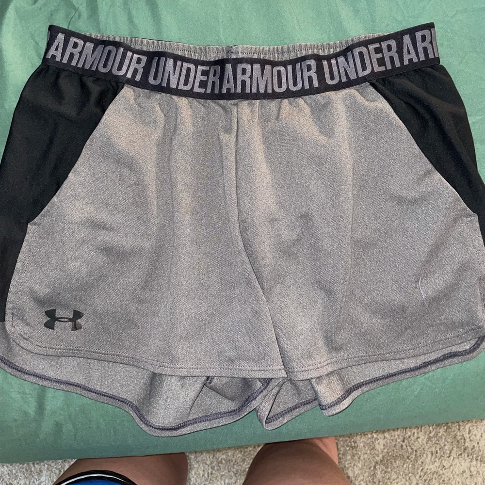 Black and grey UA shorts with pockets